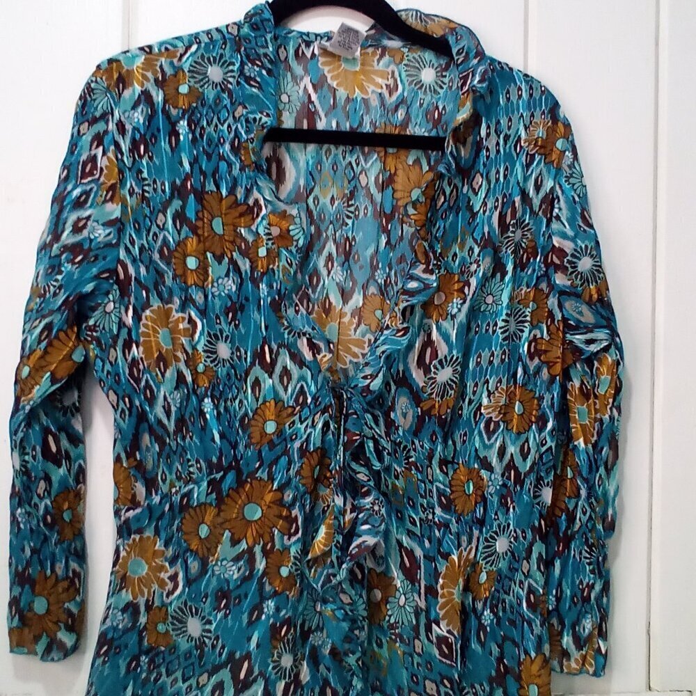 Kim Rogers Blouse Women L 3/4 Sleeve Simi Sheer Ruffle Open Tie Front Teal Brown